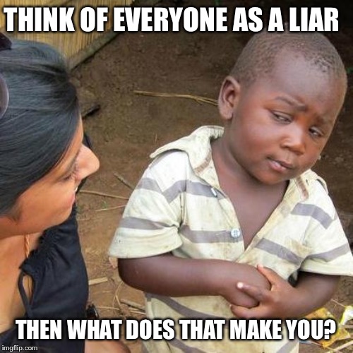 Third World Skeptical Kid | THINK OF EVERYONE AS A LIAR; THEN WHAT DOES THAT MAKE YOU? | image tagged in memes,third world skeptical kid | made w/ Imgflip meme maker