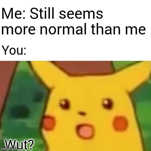Surprised Pikachu Meme | Wut? You: Me: Still seems more normal than me | image tagged in memes,surprised pikachu | made w/ Imgflip meme maker