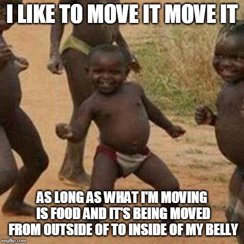 Third World Success Kid Meme | I LIKE TO MOVE IT MOVE IT; AS LONG AS WHAT I'M MOVING IS FOOD AND IT'S BEING MOVED FROM OUTSIDE OF TO INSIDE OF MY BELLY | image tagged in memes,third world success kid | made w/ Imgflip meme maker