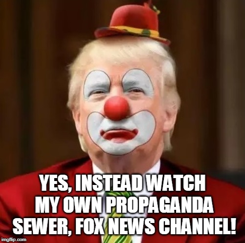Donald Trump Clown | YES, INSTEAD WATCH MY OWN PROPAGANDA SEWER, FOX NEWS CHANNEL! | image tagged in donald trump clown | made w/ Imgflip meme maker