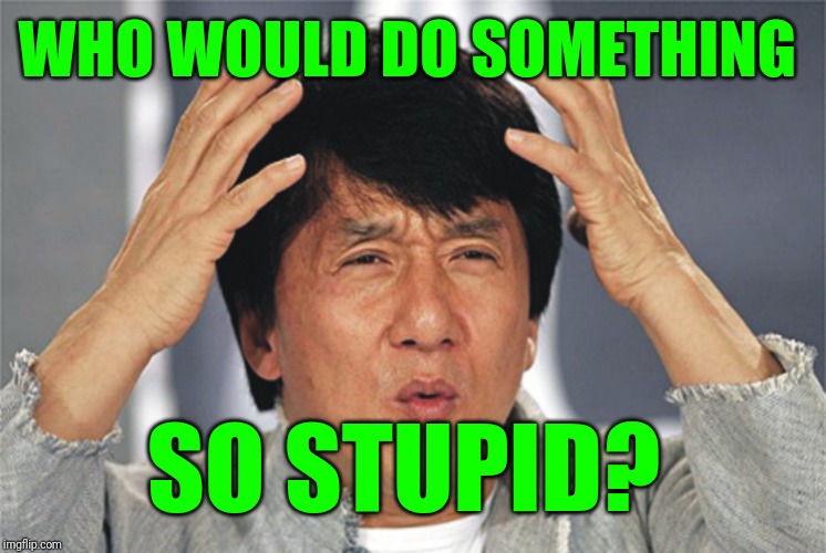 Jackie Chan Confused | WHO WOULD DO SOMETHING SO STUPID? | image tagged in jackie chan confused | made w/ Imgflip meme maker