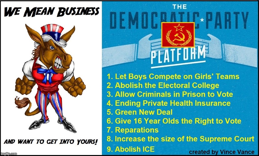 The 2020 Democratic Platform (and #10: Open Borders) | AND WANT TO GET INTO YOURS; WE MEAN BUSINESS | image tagged in 16 year olds the right to vote,giving felons the right to vote,reparations,abolish ice,abolish electoral college,vince vance | made w/ Imgflip meme maker