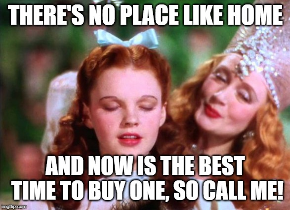 Dorothy | THERE'S NO PLACE LIKE HOME; AND NOW IS THE BEST TIME TO BUY ONE, SO CALL ME! | image tagged in dorothy | made w/ Imgflip meme maker