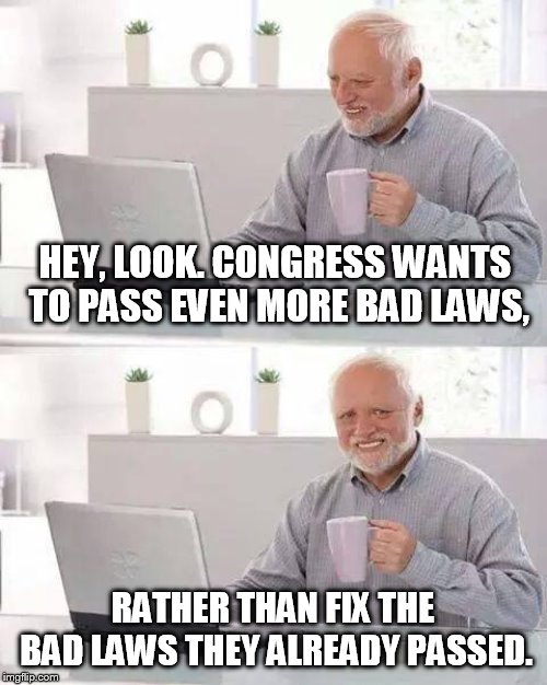 piling on layer after layer | HEY, LOOK. CONGRESS WANTS TO PASS EVEN MORE BAD LAWS, RATHER THAN FIX THE BAD LAWS THEY ALREADY PASSED. | image tagged in memes,hide the pain harold | made w/ Imgflip meme maker
