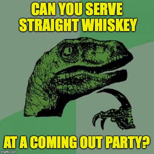 Philosoraptor | CAN YOU SERVE STRAIGHT WHISKEY; AT A COMING OUT PARTY? | image tagged in memes,philosoraptor,coming out | made w/ Imgflip meme maker