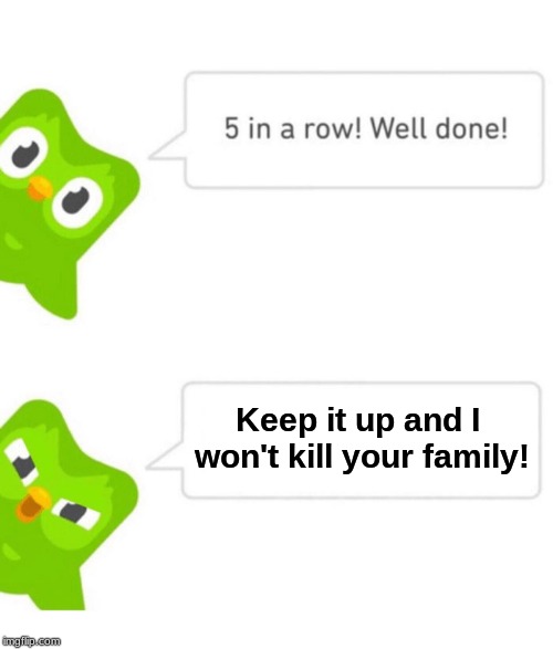Duolingo 5 in a row |  Keep it up and I won't kill your family! | image tagged in duolingo 5 in a row | made w/ Imgflip meme maker