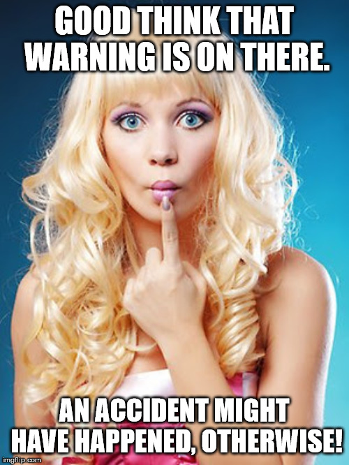 Dumb blonde | GOOD THINK THAT WARNING IS ON THERE. AN ACCIDENT MIGHT HAVE HAPPENED, OTHERWISE! | image tagged in dumb blonde | made w/ Imgflip meme maker