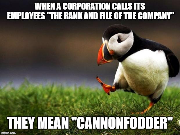 And so much for "Our most valuable asset: Our employees!" | WHEN A CORPORATION CALLS ITS EMPLOYEES "THE RANK AND FILE OF THE COMPANY"; THEY MEAN "CANNONFODDER" | image tagged in memes,unpopular opinion puffin,corporate bullshit | made w/ Imgflip meme maker