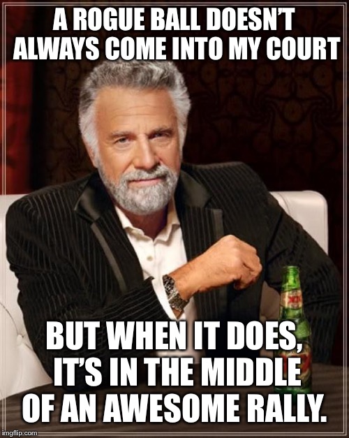 The Most Interesting Man In The World Meme | A ROGUE BALL DOESN’T ALWAYS COME INTO MY COURT; BUT WHEN IT DOES, IT’S IN THE MIDDLE OF AN AWESOME RALLY. | image tagged in memes,the most interesting man in the world | made w/ Imgflip meme maker