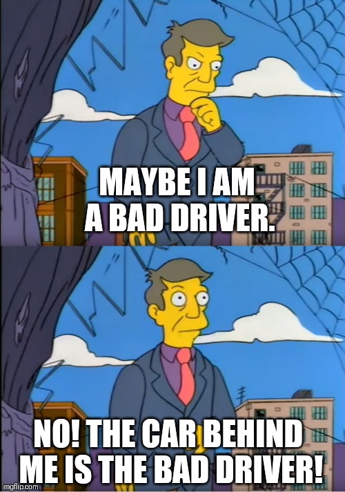Skinner Out Of Touch | MAYBE I AM A BAD DRIVER. NO! THE CAR BEHIND ME IS THE BAD DRIVER! | image tagged in skinner out of touch,AdviceAnimals | made w/ Imgflip meme maker