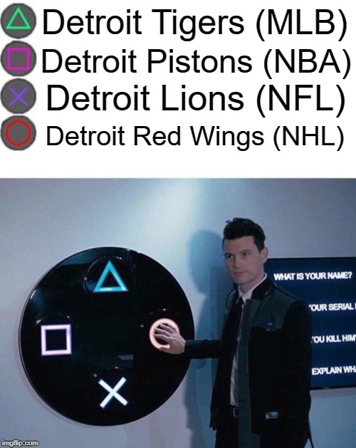 Detroit Sports (4 Buttons) | Detroit Tigers (MLB); Detroit Pistons (NBA); Detroit Lions (NFL); Detroit Red Wings (NHL) | image tagged in 4 buttons,detroit,detroit lions,detroit tigers,detroit pistons,detroit red wings | made w/ Imgflip meme maker