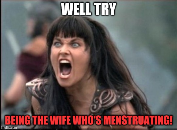 Screaming Woman | WELL TRY BEING THE WIFE WHO'S MENSTRUATING! | image tagged in screaming woman | made w/ Imgflip meme maker