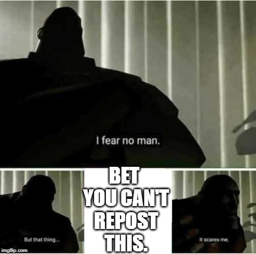 I fear no man | BET YOU CAN'T REPOST THIS. | image tagged in i fear no man | made w/ Imgflip meme maker