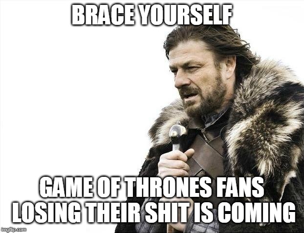 Brace Yourselves X is Coming | BRACE YOURSELF; GAME OF THRONES FANS LOSING THEIR SHIT IS COMING | image tagged in memes,brace yourselves x is coming | made w/ Imgflip meme maker