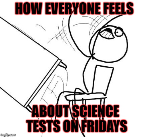 Table Flip Guy | HOW EVERYONE FEELS; ABOUT SCIENCE TESTS ON FRIDAYS | image tagged in memes,table flip guy | made w/ Imgflip meme maker