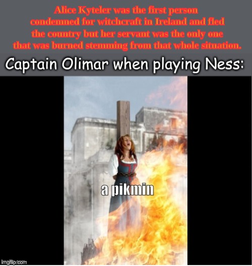 a crossover meme | Alice Kyteler was the first person condemned for witchcraft in Ireland and fled the country but her servant was the only one that was burned stemming from that whole situation. | image tagged in memes,history,witchcraft,super smash bros,super smash brothers | made w/ Imgflip meme maker
