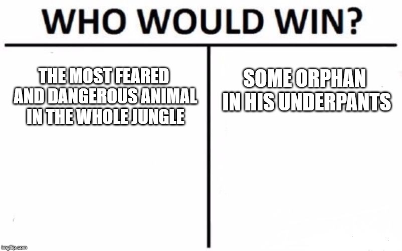 Shere Khan vs. Mowgli | THE MOST FEARED AND DANGEROUS ANIMAL IN THE WHOLE JUNGLE; SOME ORPHAN IN HIS UNDERPANTS | image tagged in memes,who would win,jungle book,animals,funny,ironic | made w/ Imgflip meme maker