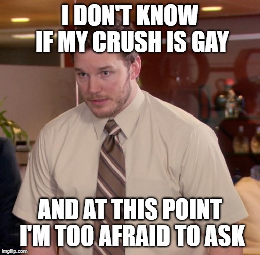 So my crush might be gay... | I DON'T KNOW IF MY CRUSH IS GAY; AND AT THIS POINT I'M TOO AFRAID TO ASK | image tagged in memes,afraid to ask andy,crush | made w/ Imgflip meme maker