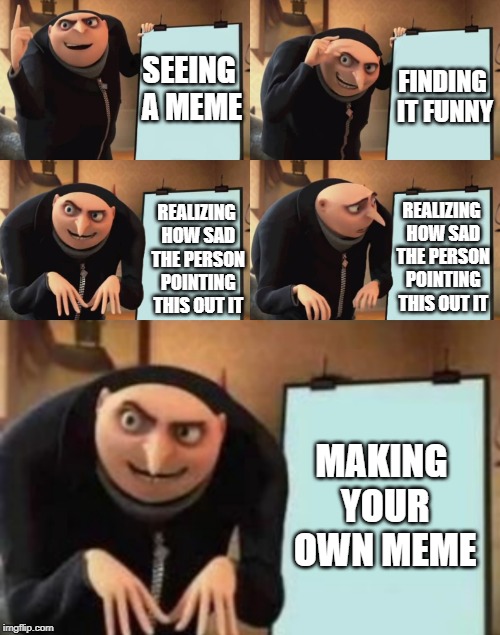FINDING IT FUNNY; SEEING A MEME; REALIZING HOW SAD THE PERSON POINTING THIS OUT IT; REALIZING HOW SAD THE PERSON POINTING THIS OUT IT; MAKING YOUR OWN MEME | image tagged in gru | made w/ Imgflip meme maker