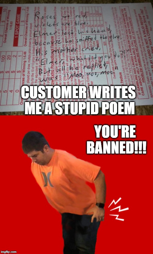 Butthurt Bartender | CUSTOMER WRITES ME A STUPID POEM; YOU'RE BANNED!!! | image tagged in butthurt,bartender | made w/ Imgflip meme maker