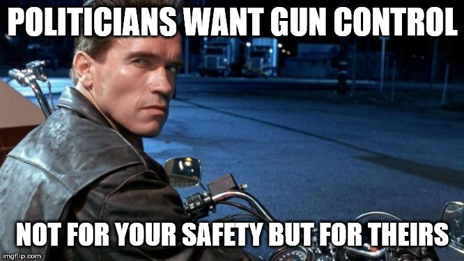 terminator | POLITICIANS WANT GUN CONTROL; NOT FOR YOUR SAFETY BUT FOR THEIRS | image tagged in terminator | made w/ Imgflip meme maker