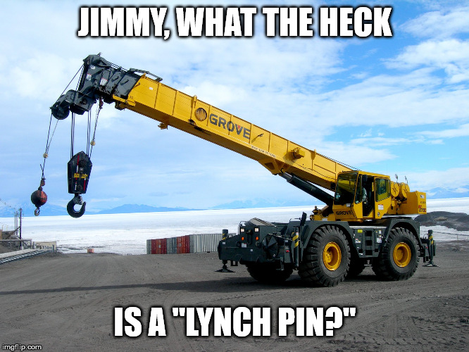 crane | JIMMY, WHAT THE HECK; IS A "LYNCH PIN?" | image tagged in crane | made w/ Imgflip meme maker