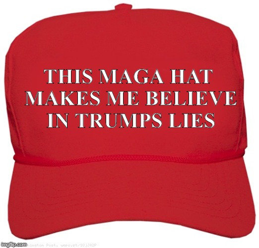 blank red MAGA hat | THIS MAGA HAT MAKES ME BELIEVE IN TRUMPS LIES | image tagged in blank red maga hat | made w/ Imgflip meme maker