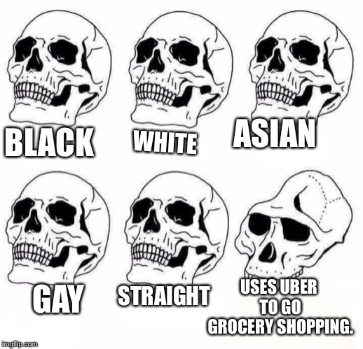 Idiot Skull Meme | ASIAN; BLACK; WHITE; USES UBER TO GO GROCERY SHOPPING. GAY; STRAIGHT | image tagged in idiot skull meme | made w/ Imgflip meme maker
