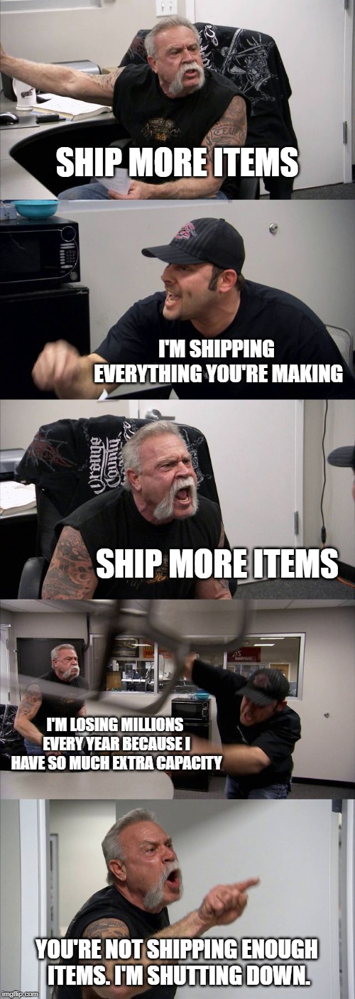 American Chopper Argument Meme | SHIP MORE ITEMS; I'M SHIPPING EVERYTHING YOU'RE MAKING; SHIP MORE ITEMS; I'M LOSING MILLIONS EVERY YEAR BECAUSE I HAVE SO MUCH EXTRA CAPACITY; YOU'RE NOT SHIPPING ENOUGH ITEMS. I'M SHUTTING DOWN. | image tagged in memes,american chopper argument,TransportFever | made w/ Imgflip meme maker