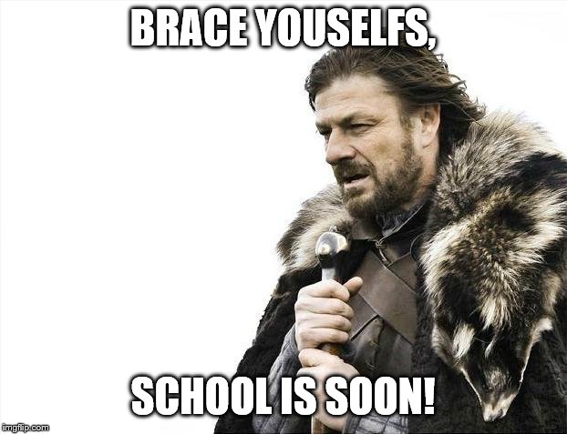 Brace Yourselves X is Coming | BRACE YOUSELFS, SCHOOL IS SOON! | image tagged in memes,brace yourselves x is coming | made w/ Imgflip meme maker