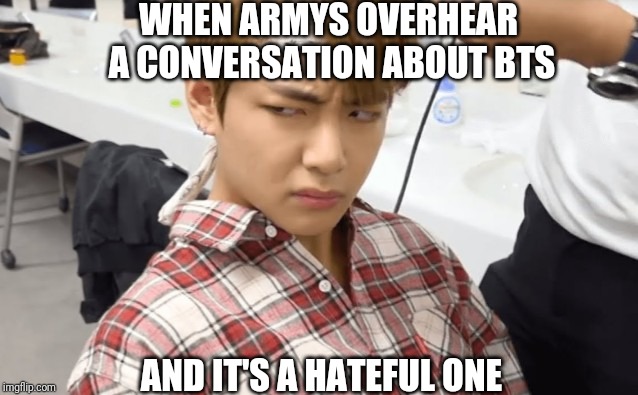 BTS | WHEN ARMYS OVERHEAR A CONVERSATION ABOUT BTS; AND IT'S A HATEFUL ONE | image tagged in taehyung | made w/ Imgflip meme maker
