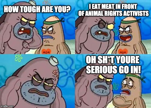 How Tough Are You Meme | I EAT MEAT IN FRONT OF ANIMAL RIGHTS ACTIVISTS; HOW TOUGH ARE YOU? OH SH*T YOURE SERIOUS GO IN! | image tagged in memes,how tough are you | made w/ Imgflip meme maker