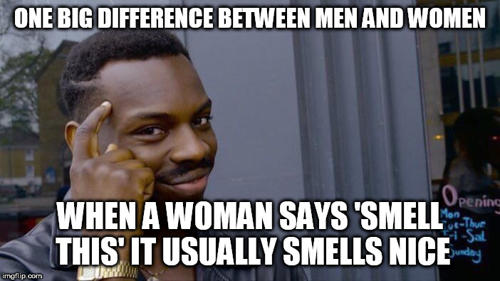 Roll Safe Think About It | ONE BIG DIFFERENCE BETWEEN MEN AND WOMEN; WHEN A WOMAN SAYS 'SMELL THIS' IT USUALLY SMELLS NICE | image tagged in memes,roll safe think about it | made w/ Imgflip meme maker