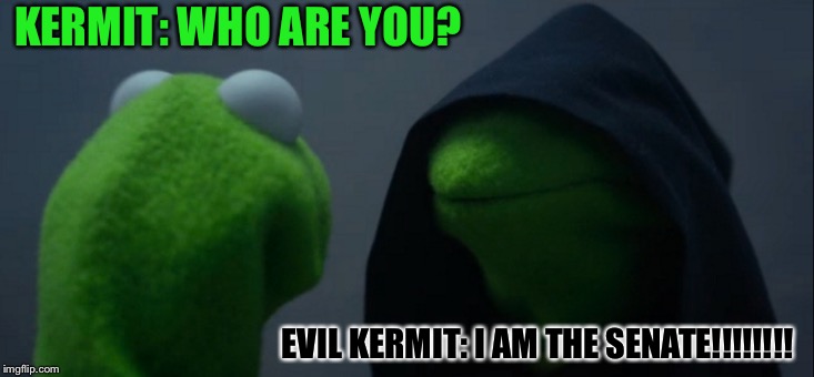 Evil Kermit | KERMIT: WHO ARE YOU? EVIL KERMIT: I AM THE SENATE!!!!!!!! | image tagged in memes,evil kermit | made w/ Imgflip meme maker