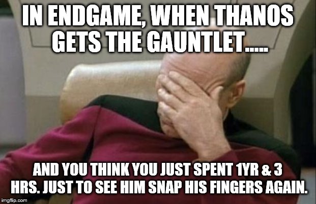 Captain Picard Facepalm Meme | IN ENDGAME, WHEN THANOS GETS THE GAUNTLET..... AND YOU THINK YOU JUST SPENT 1YR & 3 HRS. JUST TO SEE HIM SNAP HIS FINGERS AGAIN. | image tagged in memes,captain picard facepalm | made w/ Imgflip meme maker