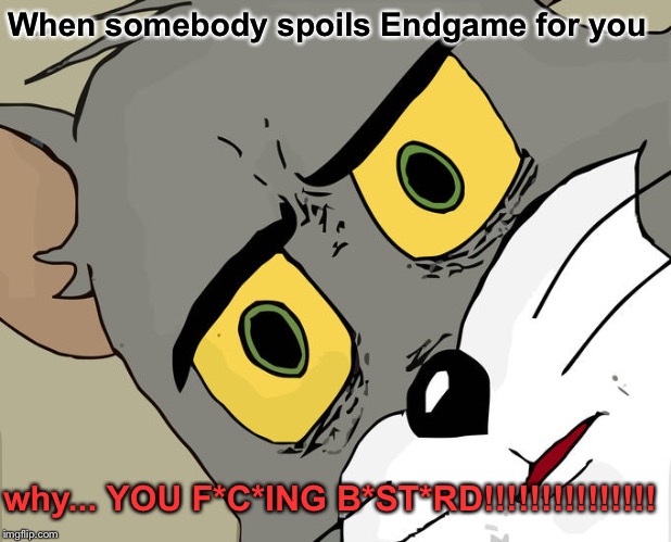 Unsettled Tom Meme | When somebody spoils Endgame for you; why... YOU F*C*ING B*ST*RD!!!!!!!!!!!!!!! | image tagged in memes,unsettled tom | made w/ Imgflip meme maker