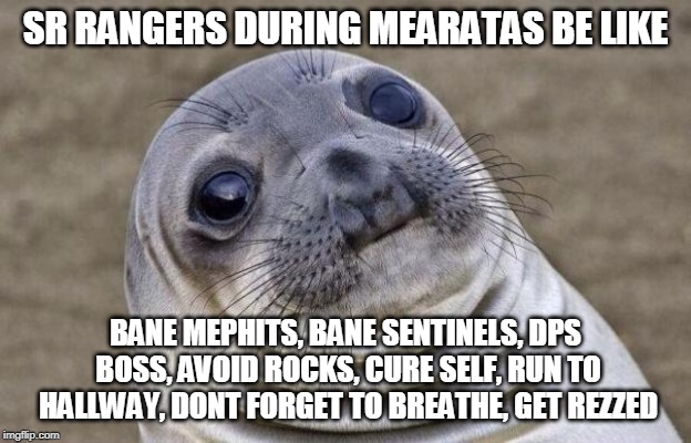 Awkward Moment Sealion Meme | SR RANGERS DURING MEARATAS BE LIKE; BANE MEPHITS, BANE SENTINELS, DPS BOSS, AVOID ROCKS, CURE SELF, RUN TO HALLWAY, DONT FORGET TO BREATHE, GET REZZED | image tagged in memes,awkward moment sealion | made w/ Imgflip meme maker