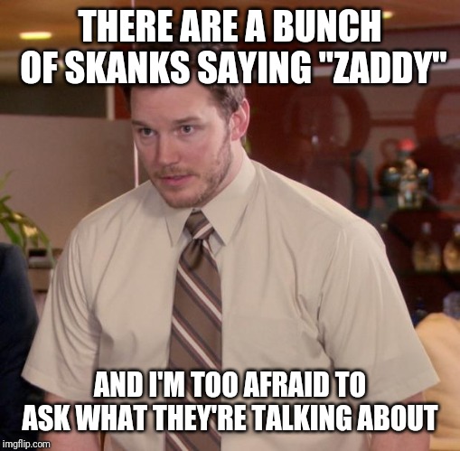 Afraid To Ask Andy | THERE ARE A BUNCH OF SKANKS SAYING "ZADDY"; AND I'M TOO AFRAID TO ASK WHAT THEY'RE TALKING ABOUT | image tagged in memes,afraid to ask andy,snapchat,instagram | made w/ Imgflip meme maker