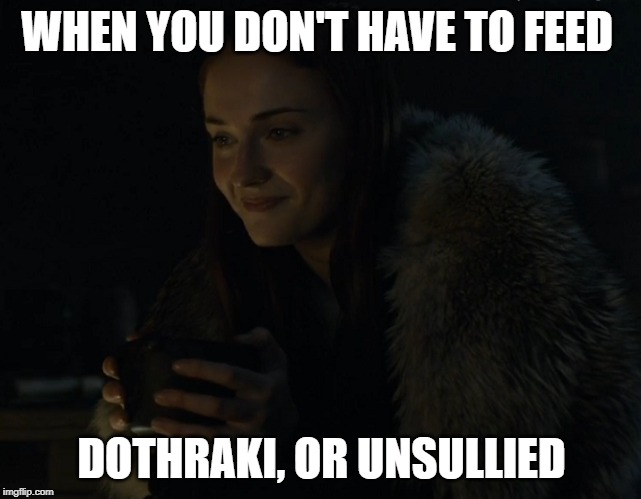 WHEN YOU DON'T HAVE TO FEED; DOTHRAKI, OR UNSULLIED | image tagged in freefolk | made w/ Imgflip meme maker