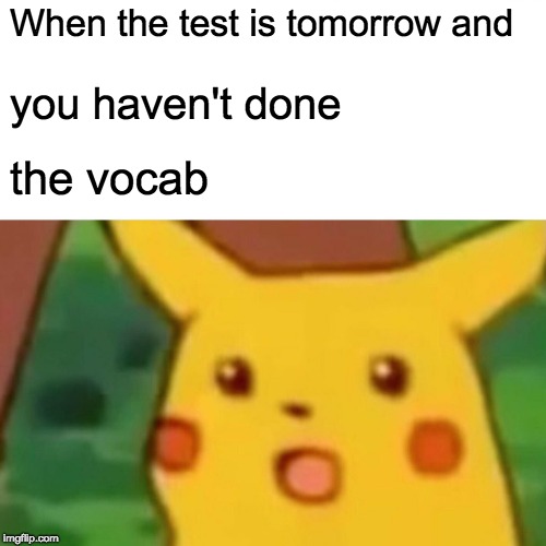 Surprised Pikachu Meme | When the test is tomorrow and you haven't done the vocab | image tagged in memes,surprised pikachu | made w/ Imgflip meme maker