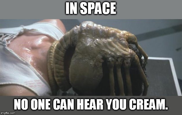 a face full of alien wing wong | IN SPACE; NO ONE CAN HEAR YOU CREAM. | image tagged in alien face hugger | made w/ Imgflip meme maker