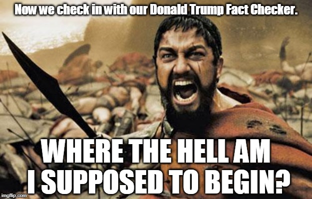 How many falsehoods, O Lord, how many? | Now we check in with our Donald Trump Fact Checker. WHERE THE HELL AM I SUPPOSED TO BEGIN? | image tagged in spartan jesus,trump,lies,facts | made w/ Imgflip meme maker
