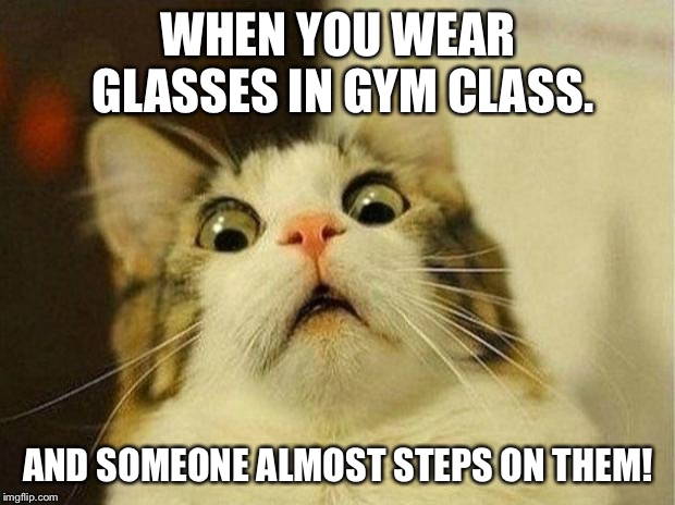 I meant lose your glasses | WHEN YOU WEAR GLASSES IN GYM CLASS. AND SOMEONE ALMOST STEPS ON THEM! | image tagged in memes,scared cat | made w/ Imgflip meme maker