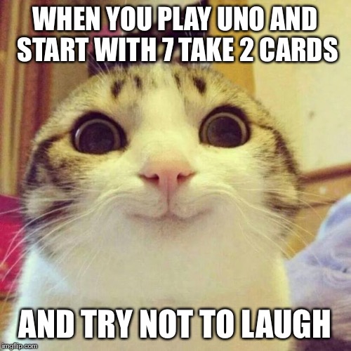 Smiling Cat | WHEN YOU PLAY UNO AND START WITH 7 TAKE 2 CARDS; AND TRY NOT TO LAUGH | image tagged in memes,smiling cat | made w/ Imgflip meme maker