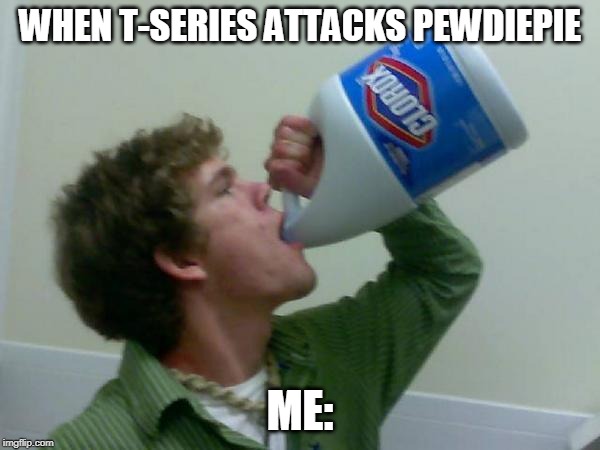 drink bleach | WHEN T-SERIES ATTACKS PEWDIEPIE; ME: | image tagged in drink bleach | made w/ Imgflip meme maker