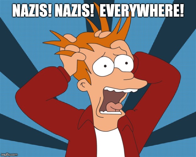 Futurama Fry screaming | NAZIS! NAZIS! 
EVERYWHERE! | image tagged in futurama fry screaming | made w/ Imgflip meme maker