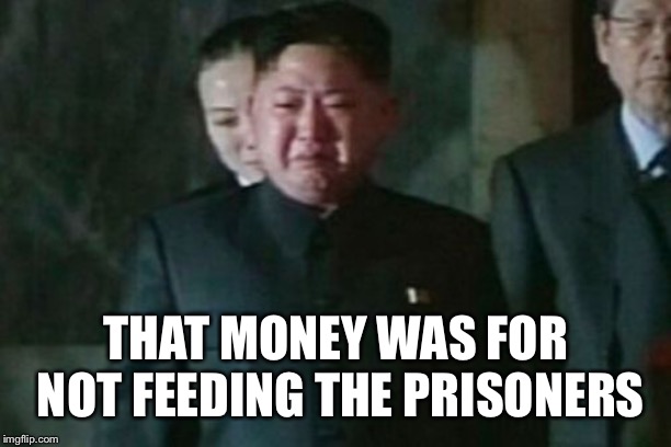 Kim Jong Un Sad Meme | THAT MONEY WAS FOR NOT FEEDING THE PRISONERS | image tagged in memes,kim jong un sad | made w/ Imgflip meme maker