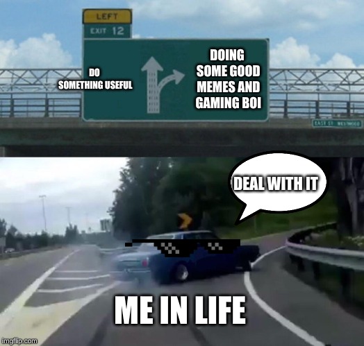 Left Exit 12 Off Ramp | DO SOMETHING USEFUL; DOING SOME GOOD MEMES AND GAMING BOI; DEAL WITH IT; ME IN LIFE | image tagged in memes,left exit 12 off ramp | made w/ Imgflip meme maker