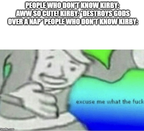 Excuse me wtf blank template | PEOPLE WHO DON'T KNOW KIRBY: AWW SO CUTE! KIRBY: *DESTROYS GODS OVER A NAP* PEOPLE WHO DON'T KNOW KIRBY: | image tagged in excuse me wtf blank template | made w/ Imgflip meme maker
