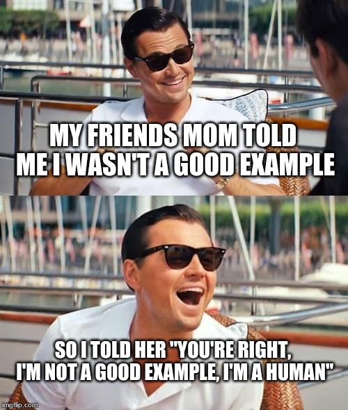Leonardo Dicaprio Wolf Of Wall Street | MY FRIENDS MOM TOLD ME I WASN'T A GOOD EXAMPLE; SO I TOLD HER "YOU'RE RIGHT, I'M NOT A GOOD EXAMPLE, I'M A HUMAN" | image tagged in memes,leonardo dicaprio wolf of wall street | made w/ Imgflip meme maker